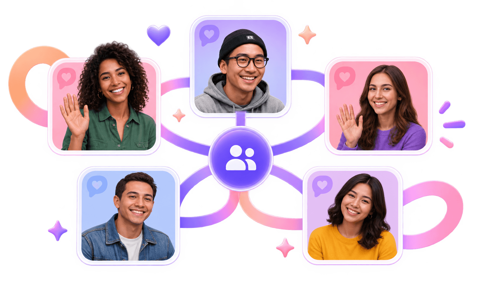 A cluster of people from different countries connected to one another
